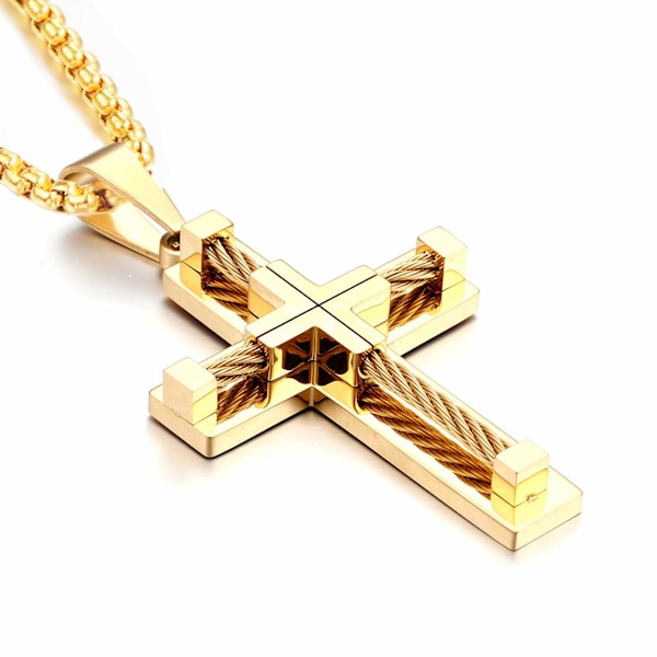 Halsband med kors för män, 316L rostfritt stål, stort Jesus Kristus-hänge, vitt/guld/svart smycke, Rolo-kedja 23\"