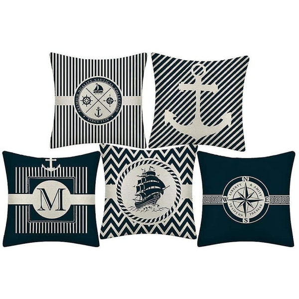 Färgglada Ocean Series Segelbåt Ankare Design Kuddar Linne Case Mjuk sängkläder Cover för soffa 45 X 45 Cm, ​​5 stycken