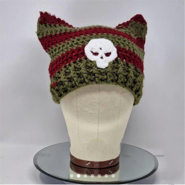 Håndlavet Katteøre Hat Y2K Sød Pige Beanie Hat Pilling-Resistent Efterårs Bobble Hat Kvinde Pullover Hat Sød Hæklet Hat Black and pink cat e