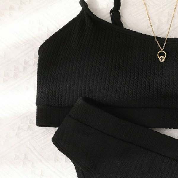 Dame Højtaljet Ribbet Cami Bikini Sæt Sort L-US12 Black L