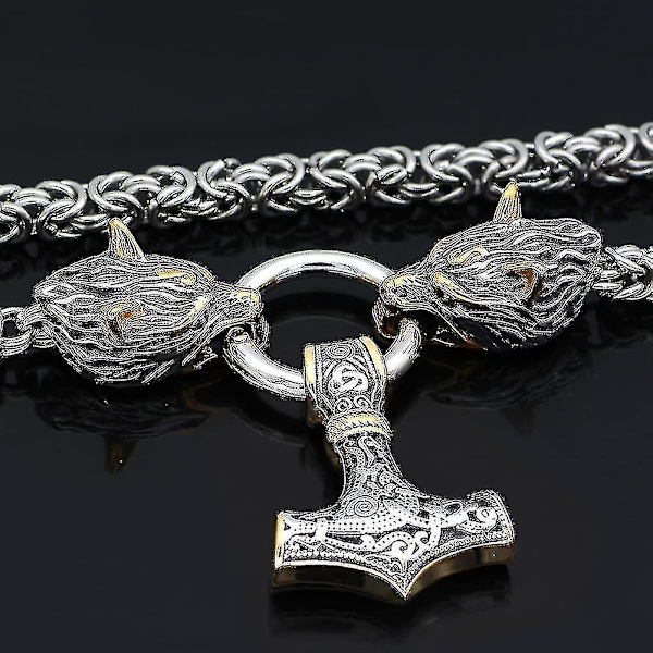 Halsband med varghuvud för män, nordisk smyckesamulett, Thors hammare