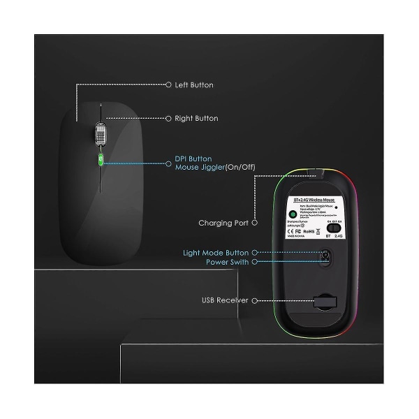 Bt5.1+2.4ghz trådløs med jiggler, oppladbar 2.4g, flytter for USB-aktivert