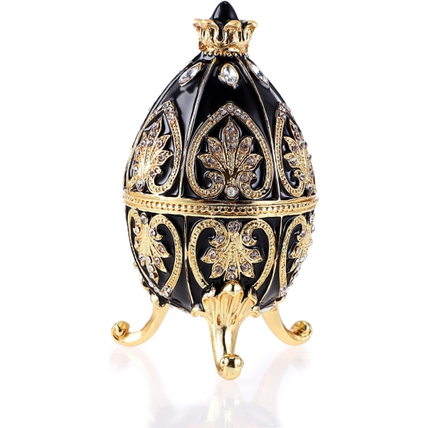 Emalj Fabergé-ägg, dekorativt gångjärnsförsedd smyckeskrin med gnistrande strass, unik gåva/prydnad för födelsedagsfest för hemkommod (svart) black
