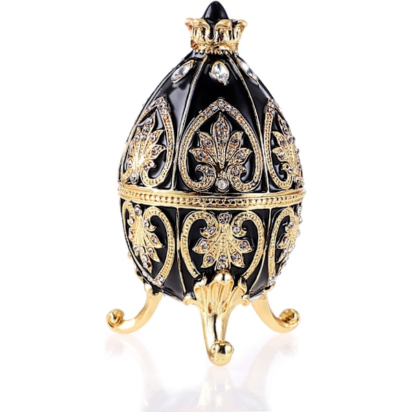Emaljeret Fabergé æg, dekorativ hængslet smykkeskrin med funklende rhinsten, unik gave/pynt til hjemmet, kommode, fødselsdagsfest (sort) black