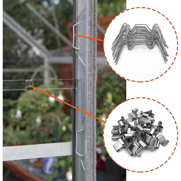 100 stk. drivhusglasrude-fikseringsklemmer i rustfrit stål, 50x drivhusglasur W-trådklemmer og 50x drivhusglasur Z-overlapklemmer