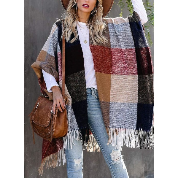 Boho Buffalo Plaid Poncho Damkappa med tofsar för kvinnor