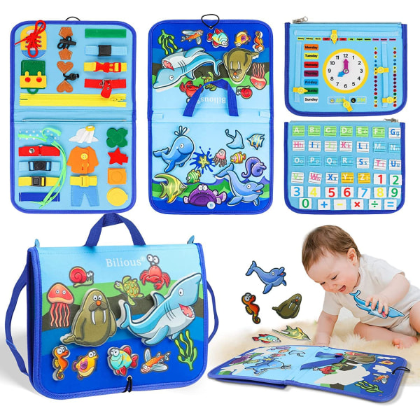 Toddler Busy Board 4 etager, Activity Board Sensorisk Board, Montessori-legetøj til babydrenge 3 4 år Lærer grundlæggende livsfærdigheder Ocean folder style