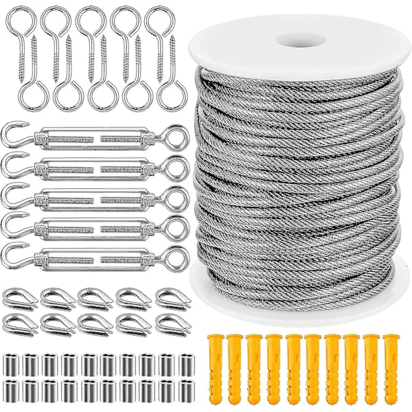 Puutarha- ja kaapeliaita-sarjat, 30 m / 100 jalkaa PVC-pinnoitettua raskasta 304 ruostumattomasta teräksestä valmistettua kaapelia, kiertäjäkaapeli-jännityslaite (kaapeli ja liittimet)