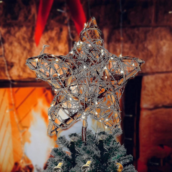 Julestjerne trætopper med 30 led varme hvide kobberlys, vintage rattan naturlig julepynt til juletræ, bord, pejs