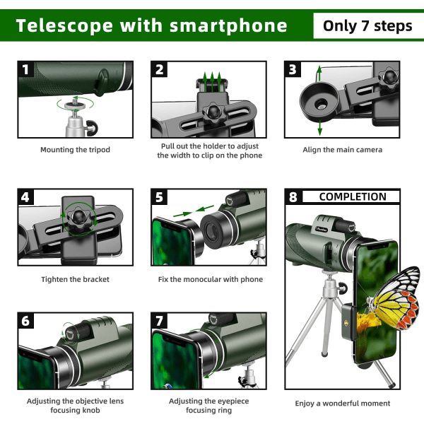 40X60 monokulært teleskop med smarttelefonholder og stativ, 2