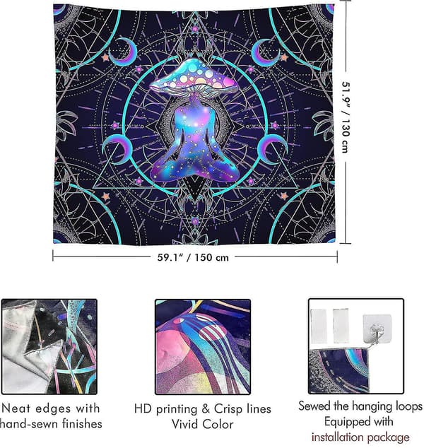 Wekity Trippy Tapestry Psykedelisk Väggbonad Svampar Chakra Väggfilt Dekor För Hem, Sovrum, Vardagsrum