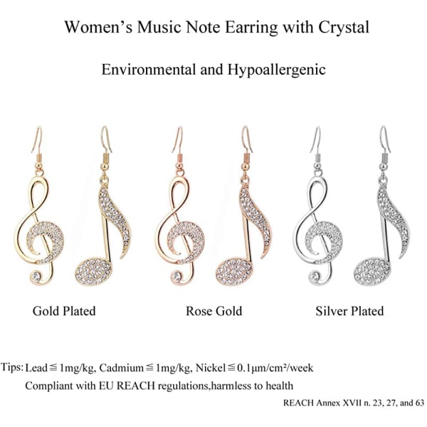 Musikknoteøredobber for kvinner, hypoallergene roségull og sølvbelagte krystalløreringer (gull) gold