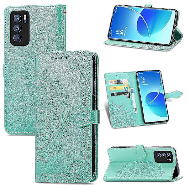 Oppo Reno6 Pro 5g Fodral Läder Plånboksfodral Präglad Mandala Magnetiskt Flip-skydd Stöttåligt - Grön