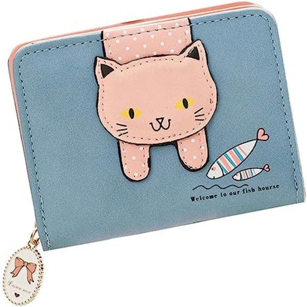 Jenter Kvinner Liten Lommebok Søt Katt Mønster Clutch Veske Myntholder Kort Organisere blue