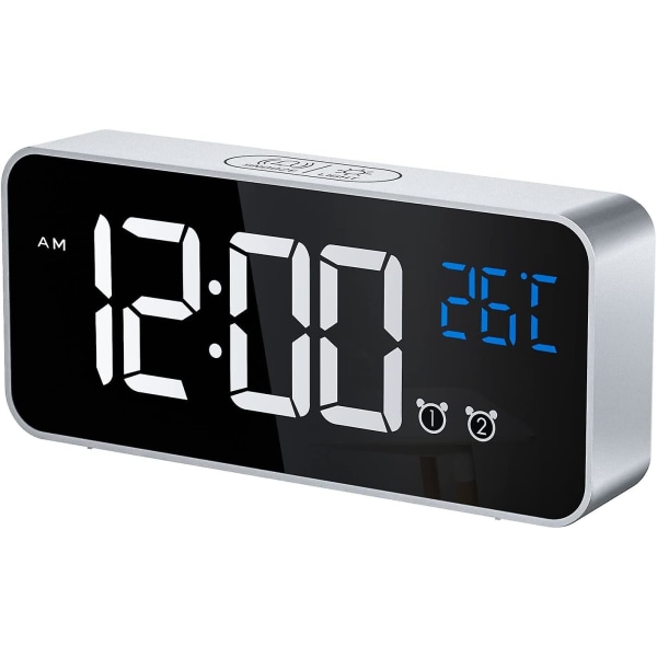 Digital väckarklocka, LED digital klocka Digital väckarklocka Temperatur/snooze/2 larm/12/24 timmar/ USB laddningsport/16 musik (silver)