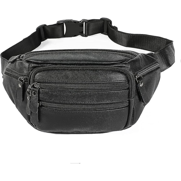 Leather Fanny Pack For Women & Men, Genuine Waist Bag For Hiking Travel Running - Black