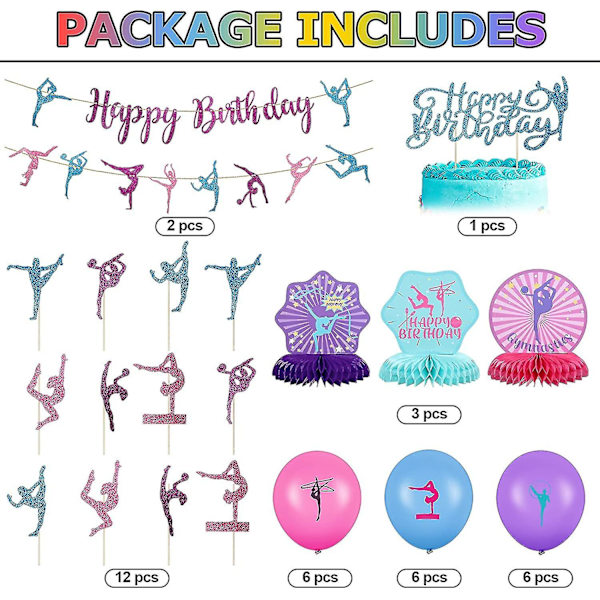 36 stk. Gymnastikfestartikler Dekoration 2 Gymnastik Fødselsdagsbannere 3 Bord Honeycomb Midterstykker 12 Cupcake Topper 1 Kage Topper 18 Latex Ba