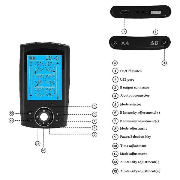 24modes Elektrisk Stimuleringsmassager för Muskler, Lättviktig LCD-Skärm, 20 Intensitetsnivåer, Svart EU-kontakt