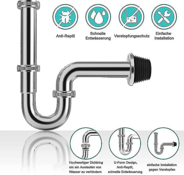 Siphon.universal Rörsifon i rostfritt stål / Handfatsifon.Rörluktfälla Plus 1