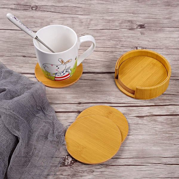 Juomien aluslautaset 6 kappaleen nahka-aluslautasen setti pidikkeellä, bambukuvioiset pyöreät aluslautat kodin ja keittiön käyttöön bamboo pattern