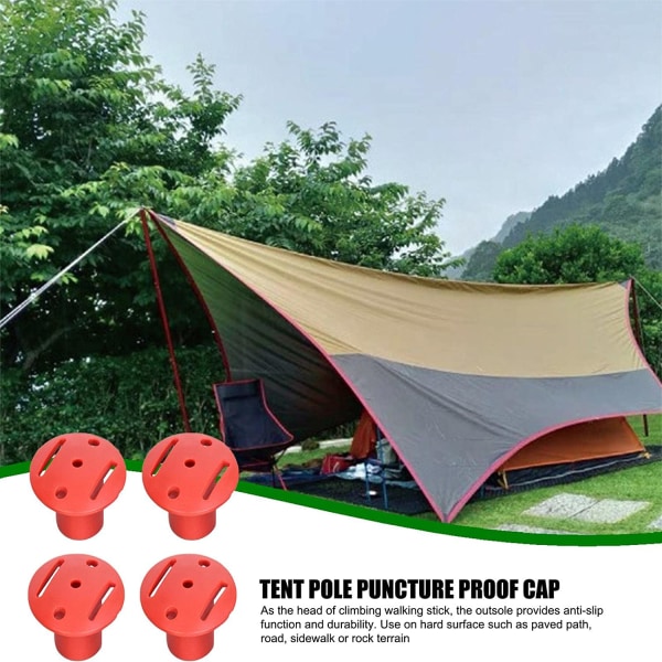 Teltstang spidskatte - 4 udvidede teltstangskasketter | Baldakinstøttesystem forhindrer at glide ud af presenningsreb Gummi endehætter (røde)