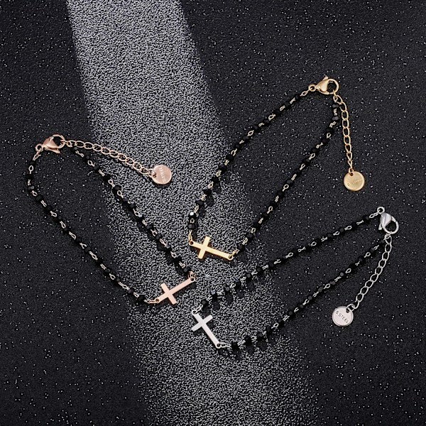 Kors Charm Armbånd i Rustfritt Stål med Sorte Perler - Enkelt Lykkebringende Charm Armbånd (Gull) gold