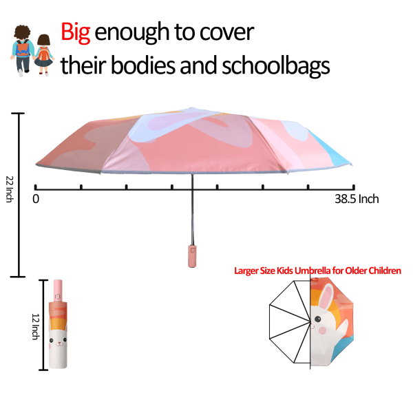 Foldeparaply til børn Automatisk kompakt rejseparaply til regn og sol UV-beskyttelse til piger og drenge i alderen 8-15