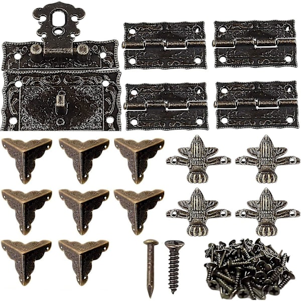 Pcs Box Clasp Antique Decorative Lock 8 Pcs Decorative Corner Protection Cover 4 Pcs Metal Hinge 4 Pcs Decorative Corner Leg For Bronze Wooden Jewelry