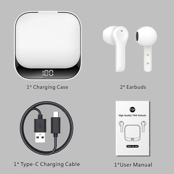 Chronus Mini trådlösa öronsnäckor F09 Touch In-ear Stereo Stereo-hörlurar med mikrofon Laddningsbox Svart kabel, Bluetooth-hörlurar(vit)
