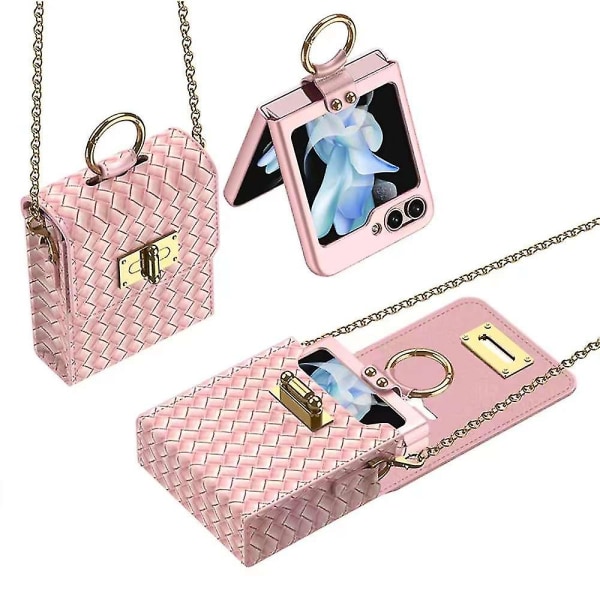 Vävd textur Crossbody phone case Plånbok Plånböcker och handväskor med rem för Samsung Galaxy Z Flip 5 Pink