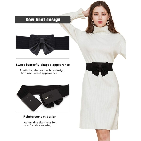 Sød sløjfe til kvinder, bredt elastisk bælte - sød kjoletilbehør, sort S 65 cm