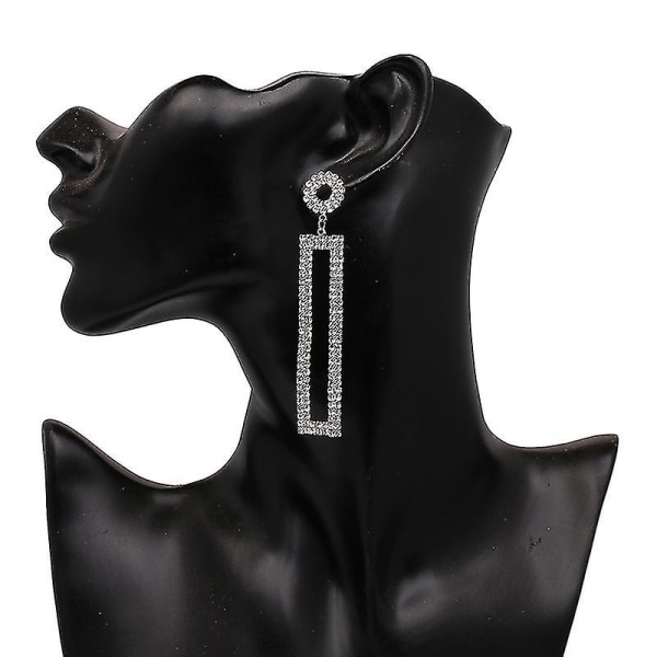 Rhinestone Long Drop øredobber, geometrisk rektangel Hypoallergen smykker gave til kvinner (sølv)