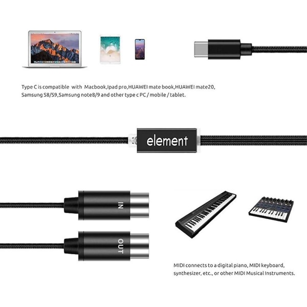 Midi til USB C Type C-kabel USB Midi-konverter med indikatorlys for elektronisk datamaskin