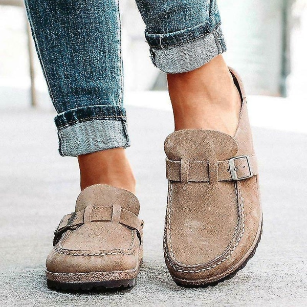 Dames Casual Comfy Træsko Suede Slip On Sandaler Sommer Hjemmekontor Sko Khaki 41