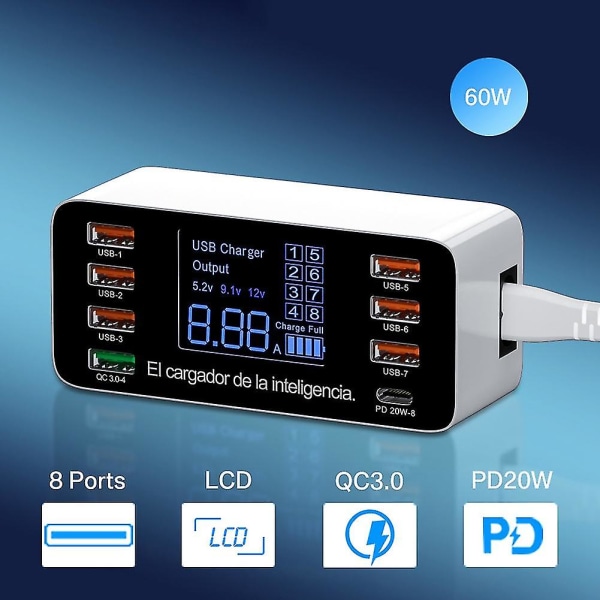 60w 8 Ports Usb Telefonoplader Qc3.0 Type C Usb C Hurtigoplader Quick Charge 3.0 Smart Led Display(eu