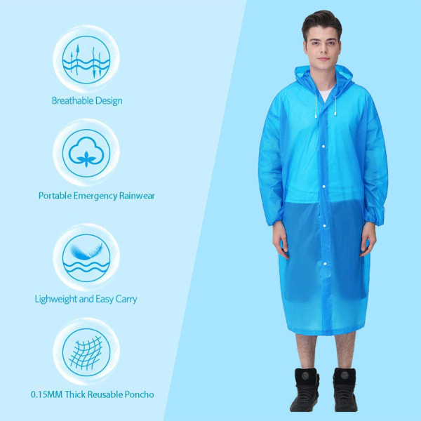 Regnfrakke, [2-pak] Bærbar EVA-regnfrakke Genanvendelig regnponcho med hætte og elastiske manchetærmer, blå