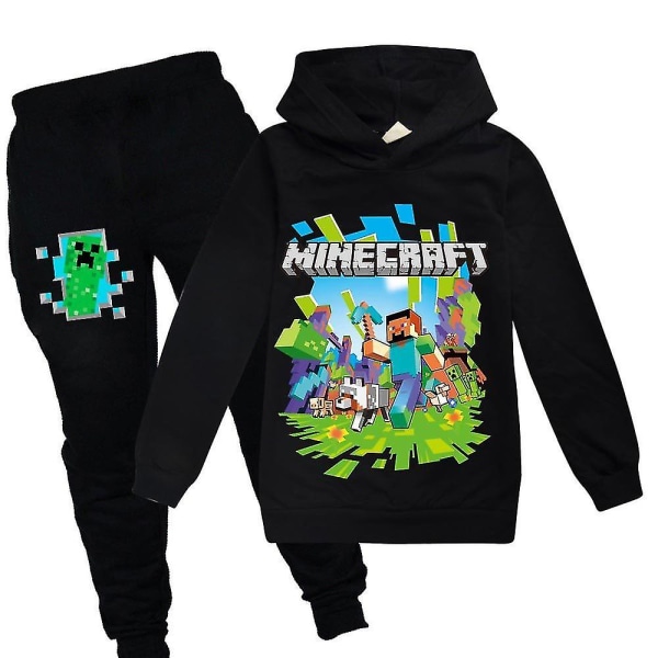 Unisex Børn Drenge Piger Minecraft Print Træningsdragt Sæt Sports Hoodie Bukser Outfit Black 7-8 Years