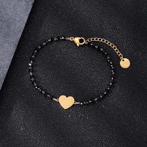 Hjerte Charm Armbånd i Rustfrit Stål med Sorte Perler - Enkelt Lykke Charm Armbånd (Guld) gold