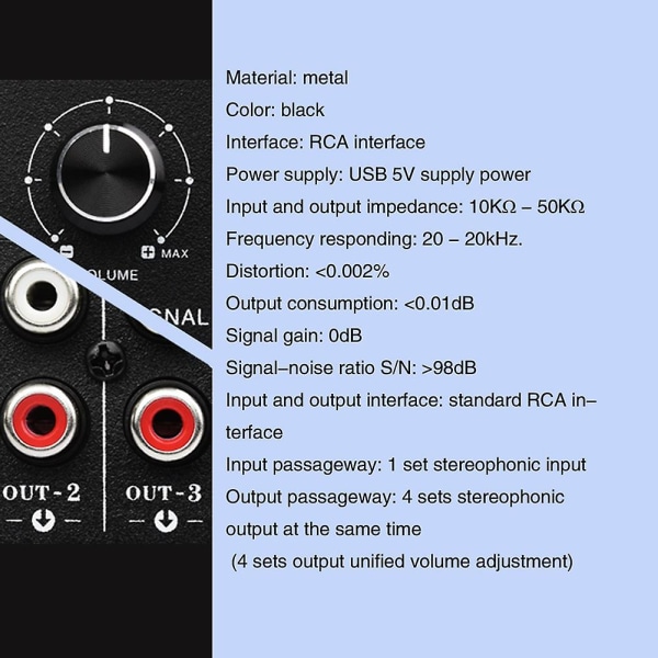 1 ind 4 ud stereo signalkilde splitter lydfrekvens signal distribuere enhed ikke forbrug O