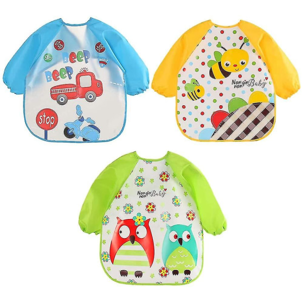 3pcs Cute Bibseves Unisex Waterproof Bib Long Sleeve Feeding Bibs Baby