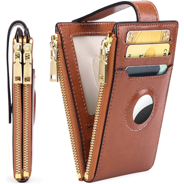 Naisten lompakko nahkainen RFID-suojaus naisten kolikkolaukku, ultraohut korttilaukku, jossa AirTag lyhyt lompakko (retroruskea)
