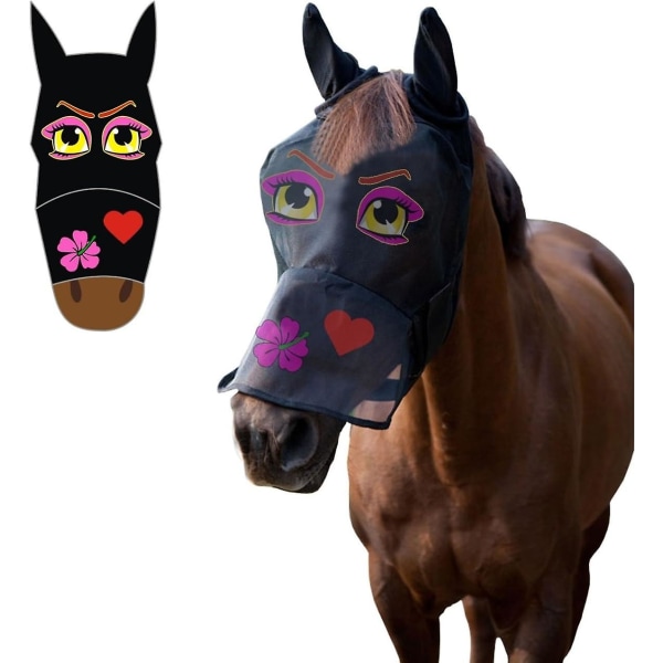 ® Horse Pony Cob Flugmask Nätslöja Huva Helansikte tecknade polyesteröron Nässkydd (tecknade rosa ögon, full)