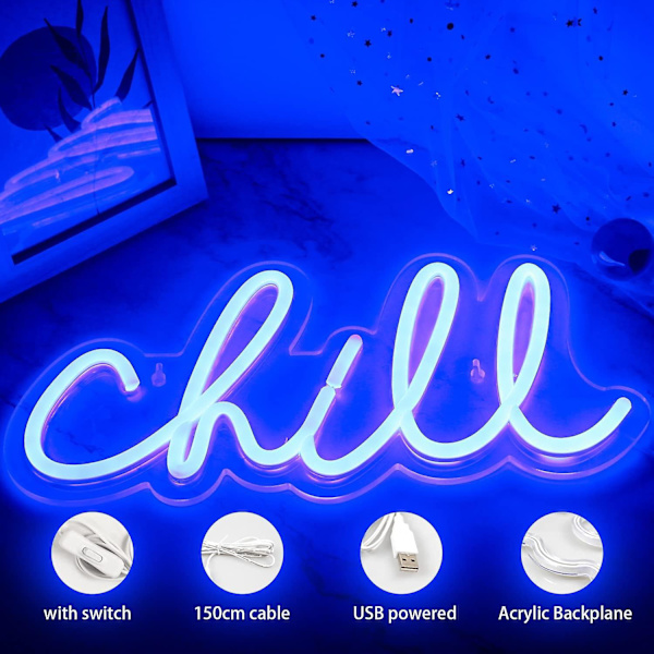 Chill Neon-skylt Blå LED-skylt Chill Neon Vägglampa 14'' x 7'' Bokstavs-neonskyltar för Väggdekoration Neonskyltar för Sovrum Bar Hotell Spelrum
