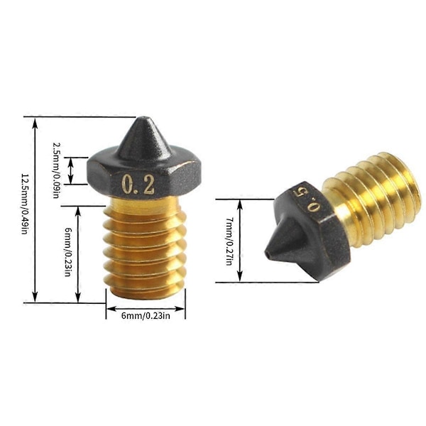 6 stk. VORON/MK3S Printer V6 PTFE-belagt Messingdyse 0.2/0.3/0.4/0.5/0.6/0.8mm 3D Printer Dyser