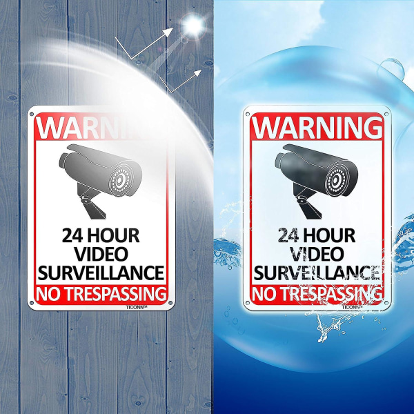 4 pakkauksen 24 tunnin videovalvontakyltti, tunkeutumiskiellon alumiininen varoituskilpi, 10’’x7’’ CCTV-valvontakameralle – heijastava, UV-suojattu