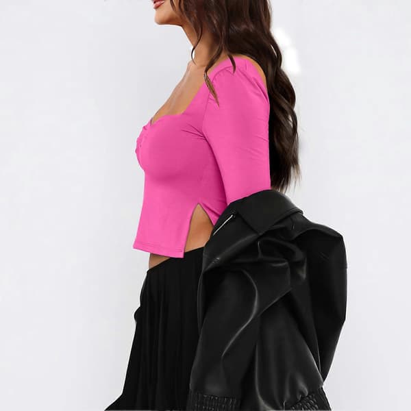 Dame Rynket Front Top Slim Fit Side Split Langærmet Rygløs Navle Eksponeret Tee Top