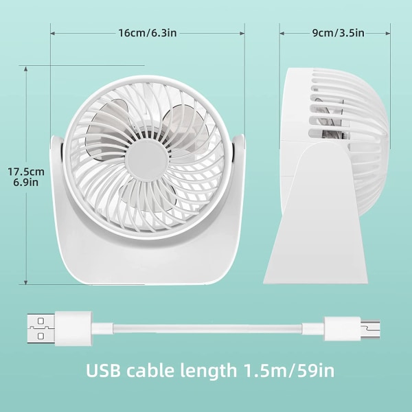 Stille USB-ventilator, 3-trins mini-bordventilator, 360° roterende kraftig