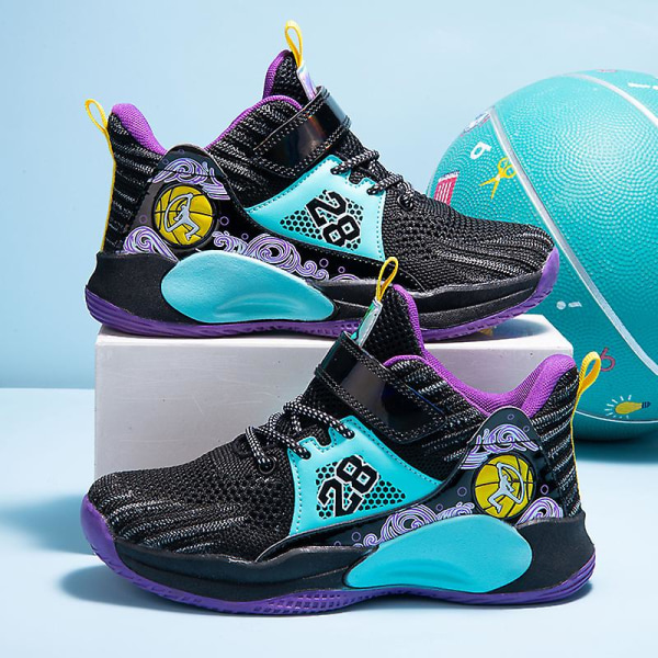 Drenge Basketball Sko Bløde Skridsikre Sneakers Børns Løb Sko 2808 BlackPurple 38