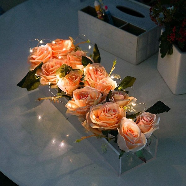Klar akryl blomster vase rektangulært blomsteroppsett for spisebord, lang rektangulær akryl vase for hjem bryllup spisebord dekor Without lights M