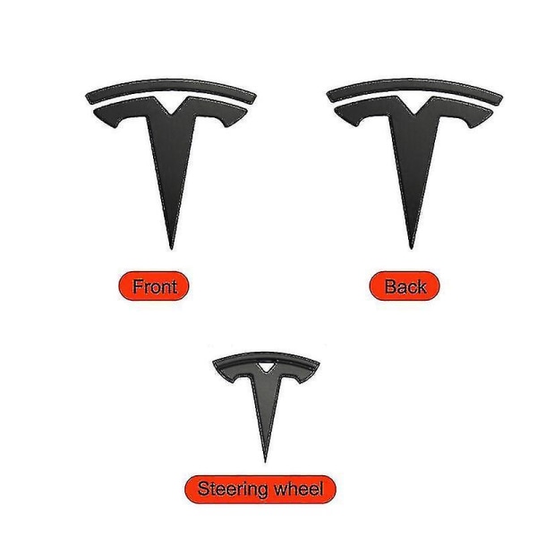 3x matt svart T-logotyp huv bagageutrymme ratt emblem för Tesla Model Y